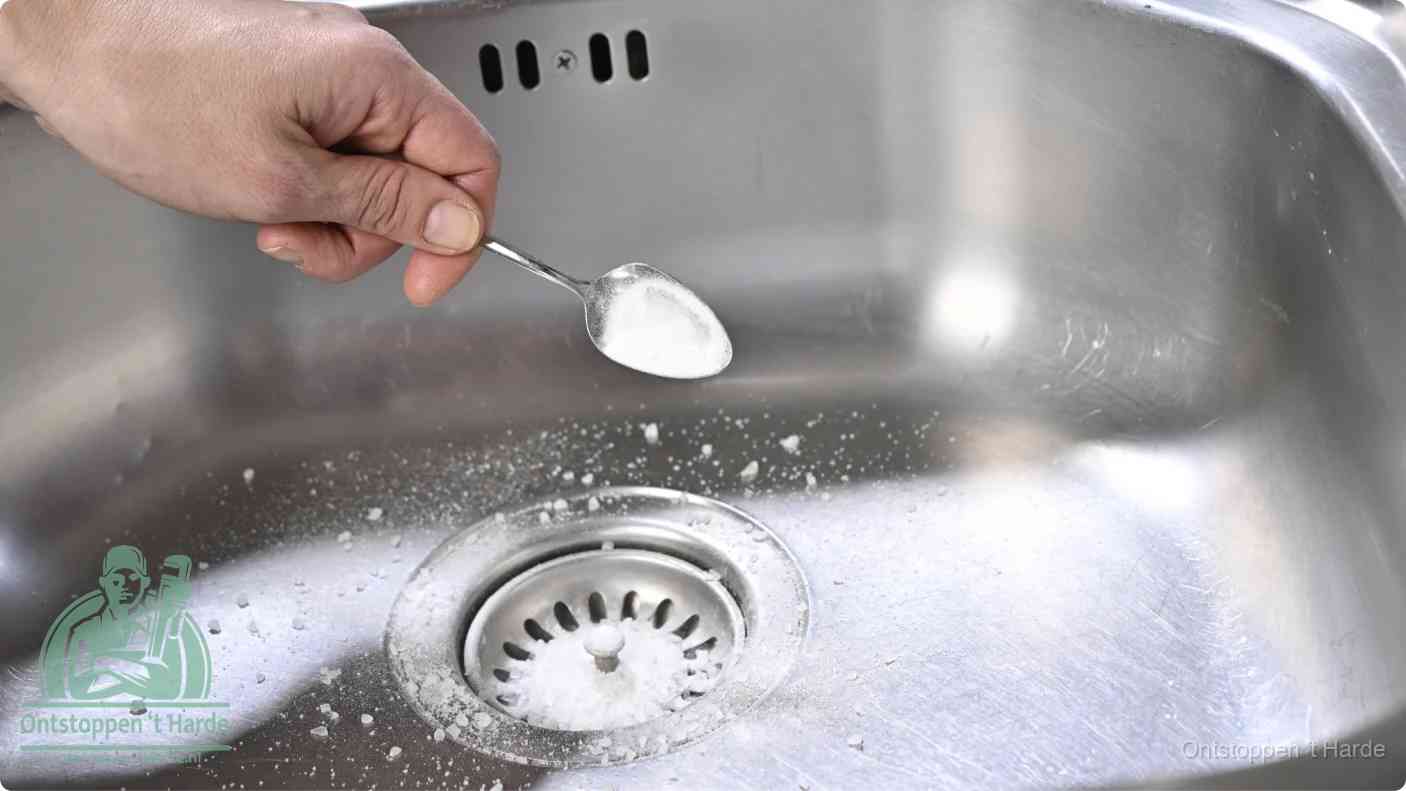 Een hand strooit met een lepel soda in de afvoer van een roestvrijstalen spoelbak, de soda en azijn huismiddel-methode om de afvoer te ontstoppen in t Harde