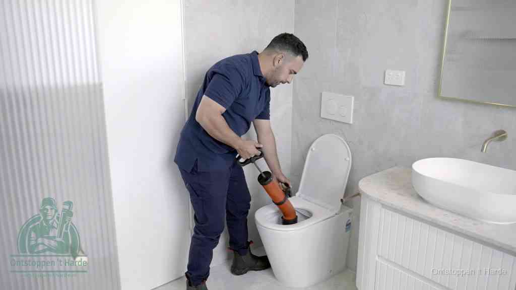 Een monteur buigt over een wandcloset en duwt met de hand een persluchtontstopper in de toiletpot om de verstopping handmatig los te maken in t Harde
