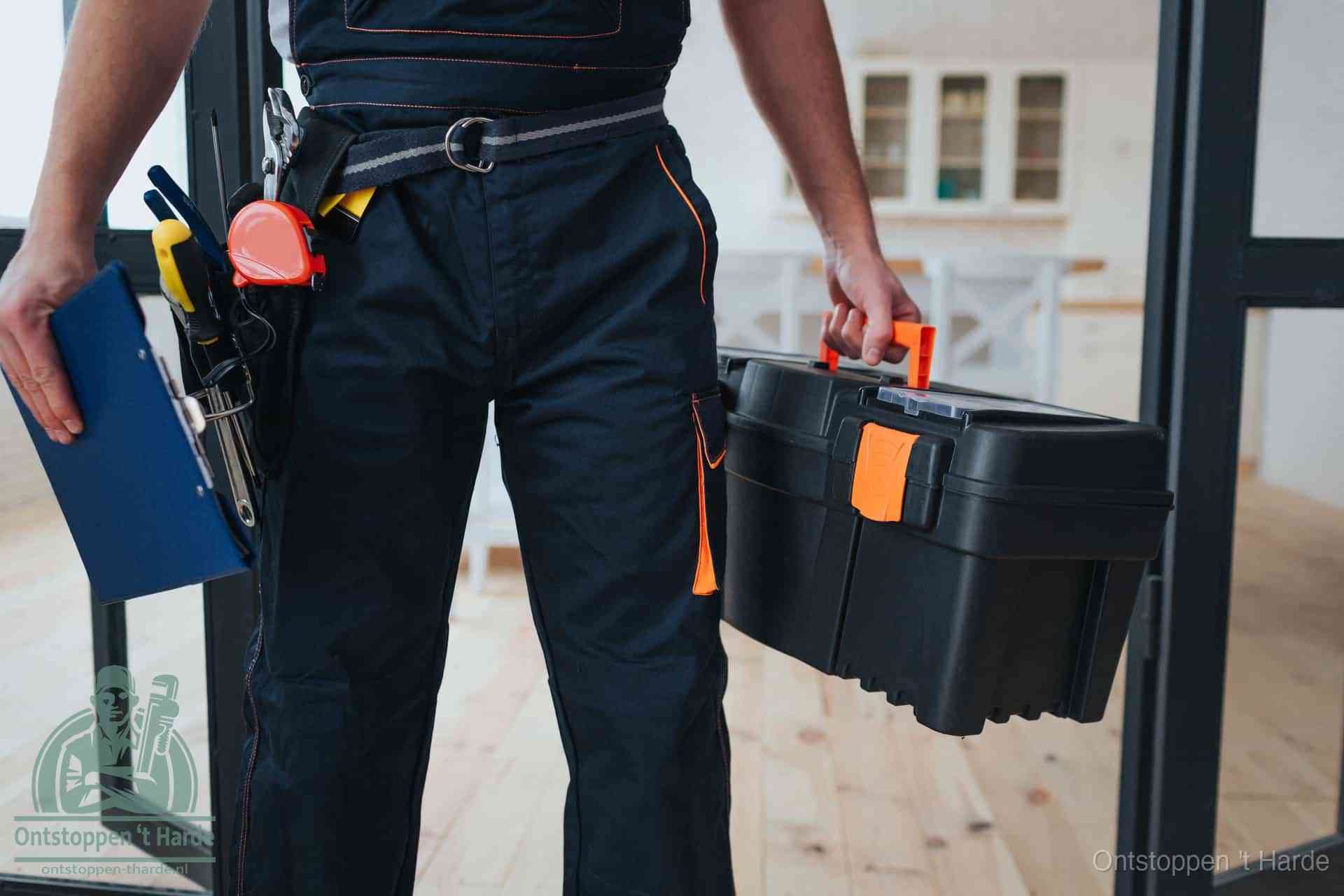 Een monteur met gereedschapsriem en klembord in een keuken, klaar om een transparante prijs voor het gootsteen ontstoppen in t Harde te geven