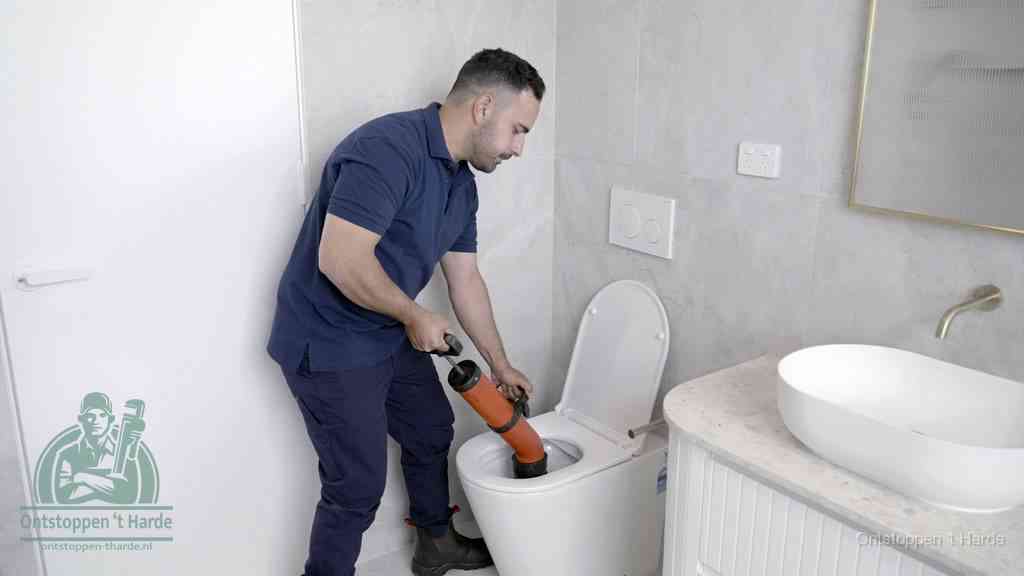 Een monteur gebruikt een handmatige perspomp (toiletontstopper) op een wandcloset tijdens het professioneel wc ontstoppen in t Harde
