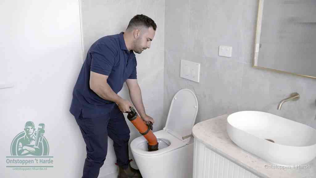 Een man gebruikt een handmatige luchtdruk-ontstopper in een modern betegeld toilet om zelf de wc te ontstoppen in t Harde